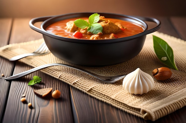 A bowl of chicken soup with a spoon next to it