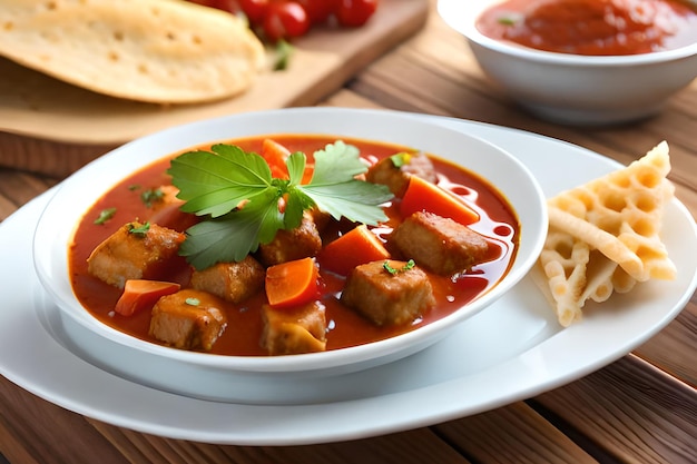 A bowl of chicken stew with a side of bread and a bowl of sauce.