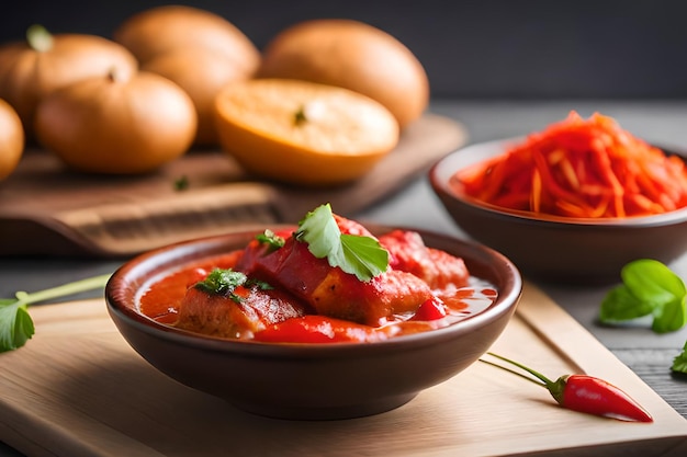 A bowl of chicken tikka masala with a bowl of red chilies on the side