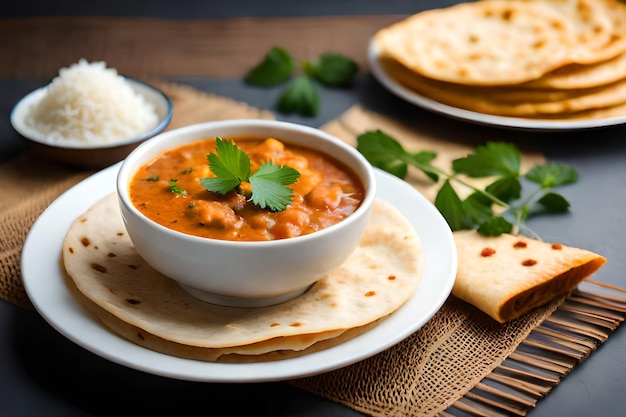 A bowl of chicken tikka masala with naan bread on a table.