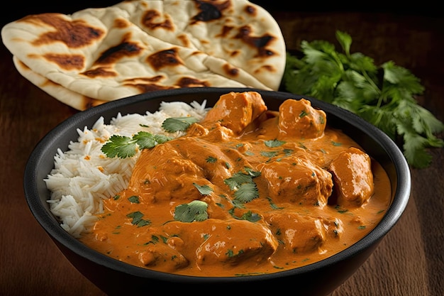 A bowl of chicken tikka masala with rice and cilantro on the side