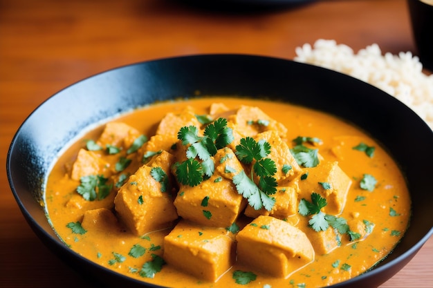 A bowl of chicken tikka masala with a side of rice on the side.