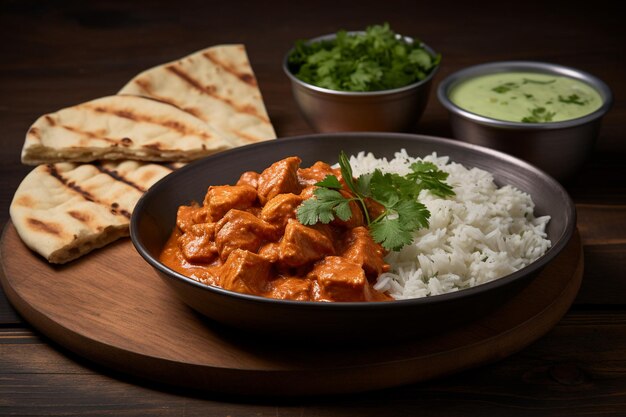 A bowl of chicken tikka masala with a white plate of rice next to it