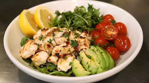 Photo a bowl of chicken tomatoes and parsley is on a table