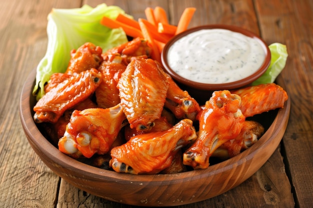 a bowl of chicken wings and carrots with a side of dip