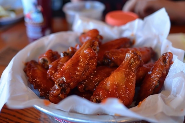 Photo a bowl of chicken wings is in a basket with a red and white label