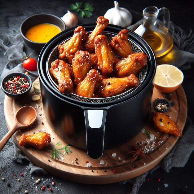 Photo a bowl of chicken wings sits on a plate with a spoon and a bowl of food