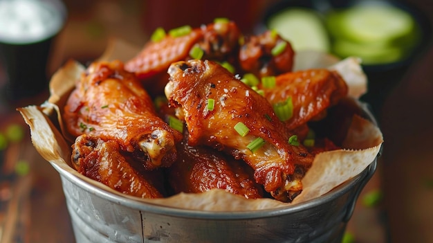 Photo a bowl of chicken wings with onions and green onions