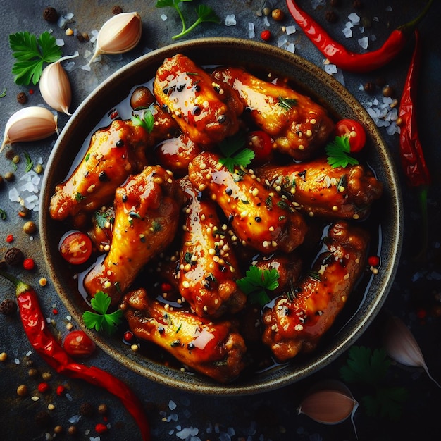 Photo a bowl of chicken wings with sauce and herbs