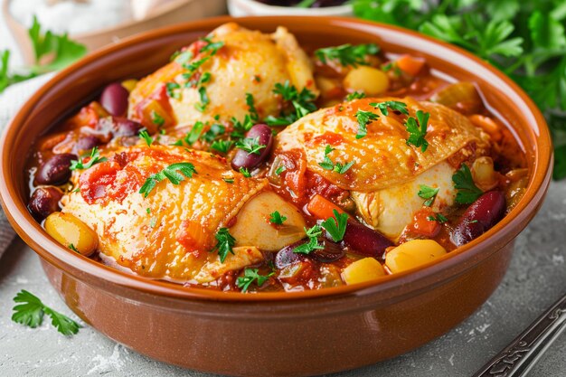 A bowl of chicken with a bowl of chili and parsley