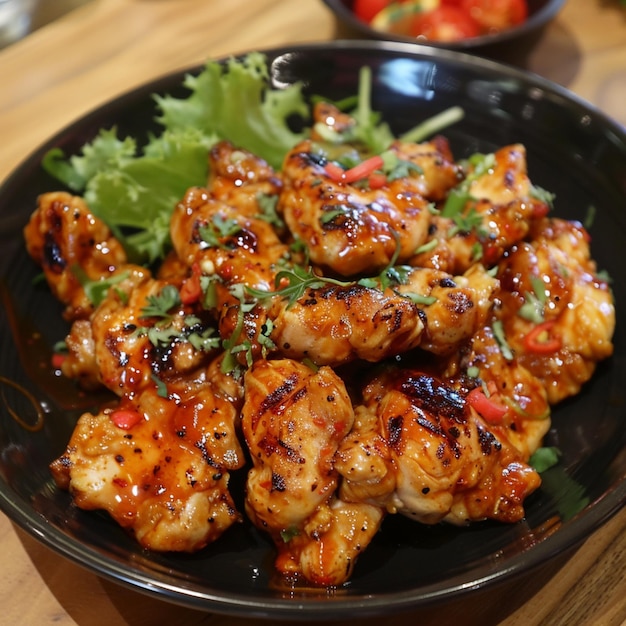 a bowl of chicken with a green leafy vegetable