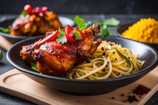 A bowl of chicken with noodles on a wooden table.