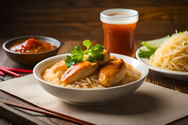 A bowl of chicken with rice and a bottle of red sauce.