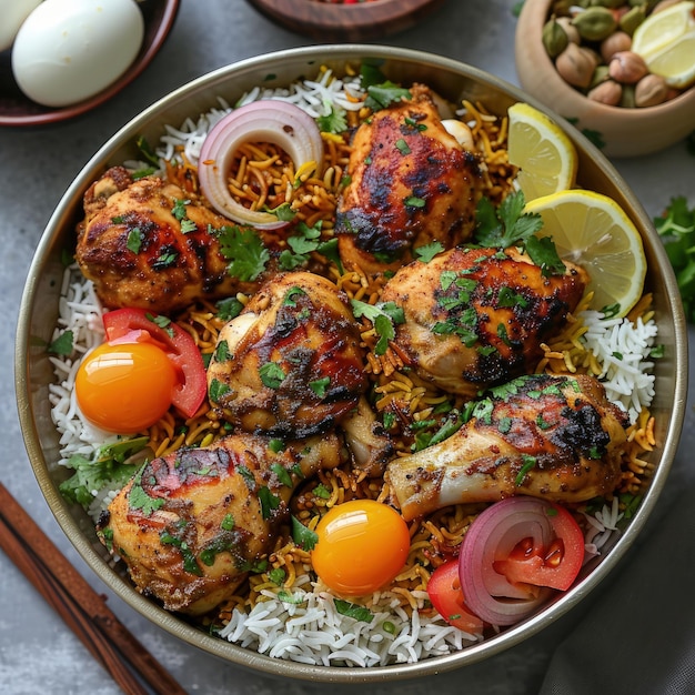 Photo a bowl of chicken with rice and vegetables and eggs