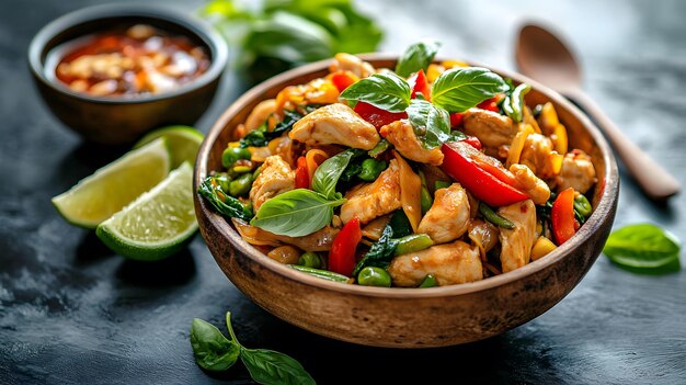 Photo a bowl of chicken with vegetables and chicken on a table