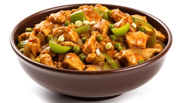 A bowl of chicken with vegetables on a white background