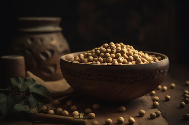 A bowl of chickpeas sits on a table with a pot in the background.