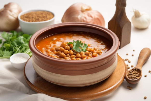 A bowl of chickpeas with a bowl of spices on the table.