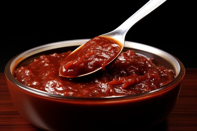 Photo a bowl of chili sauce with a spoon in it