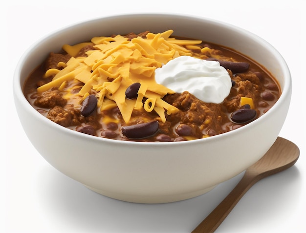 A bowl of chili with cheese and beans