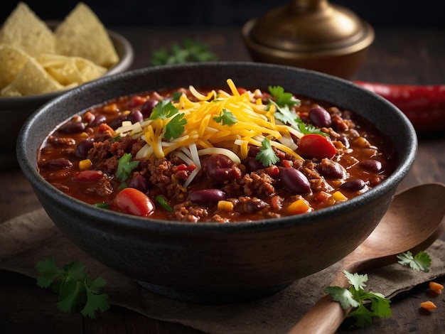 a bowl of chili with corn and corn on top of it