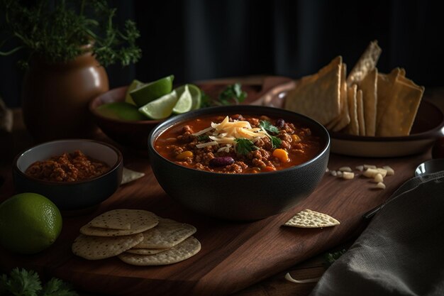 A bowl of chili with crackers and limes on the side