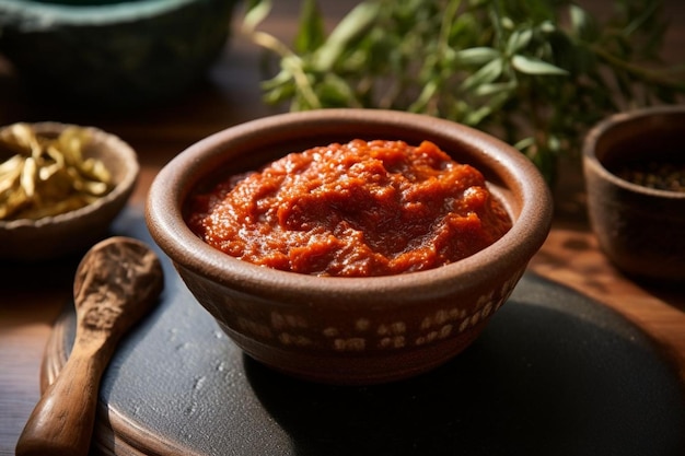 a bowl of chili with a green plant in the background