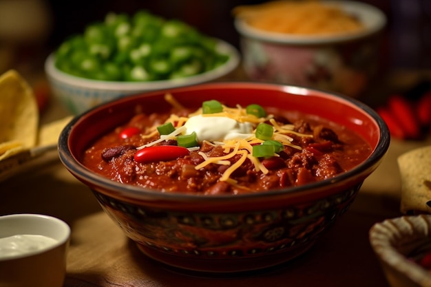 Photo a bowl of chili with a red pepper on it