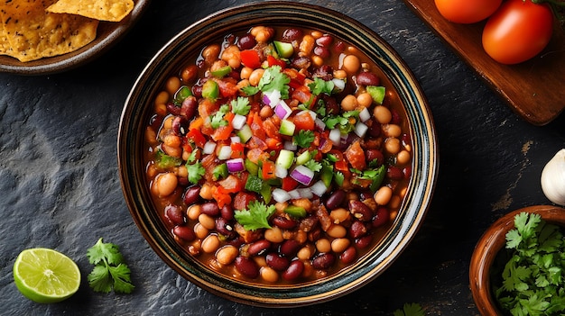 Photo bowl of chili with red and white beans tomatoes and cilantro