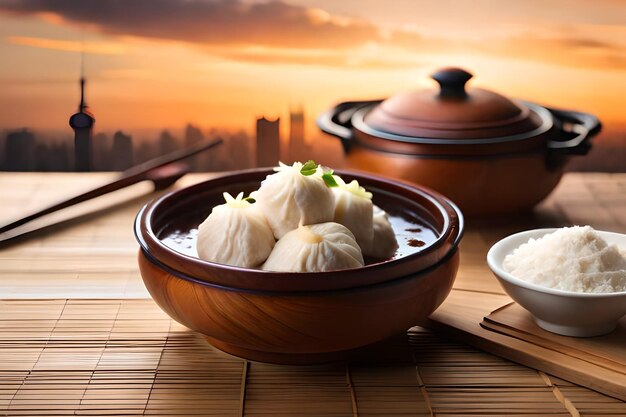 a bowl of chinese food with a city in the background