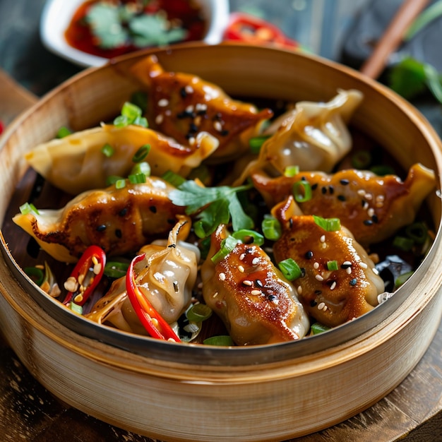 Photo a bowl of chinese food with a red pepper on it