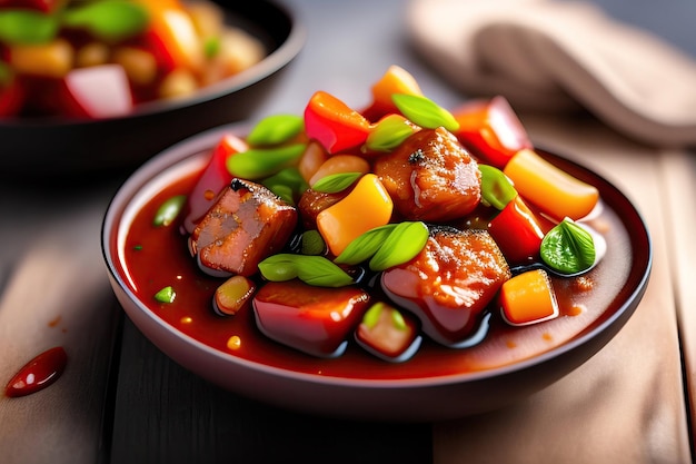 A bowl of chinese food with a red sauce and green onions