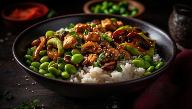 A bowl of chinese food with rice and vegetables