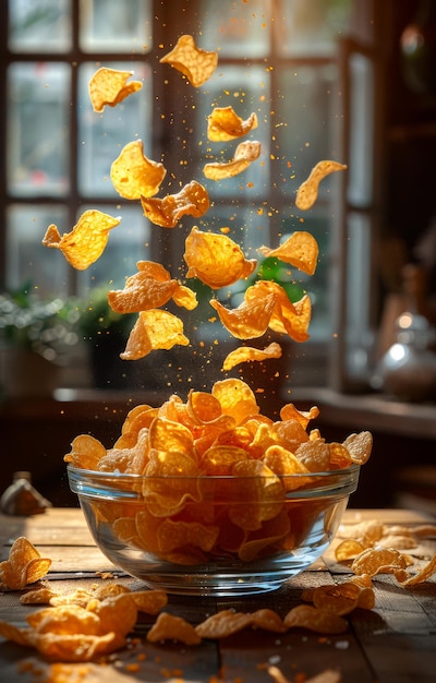 A bowl of chips is flying through the air The bowl is full of chips and the chips are scattered all