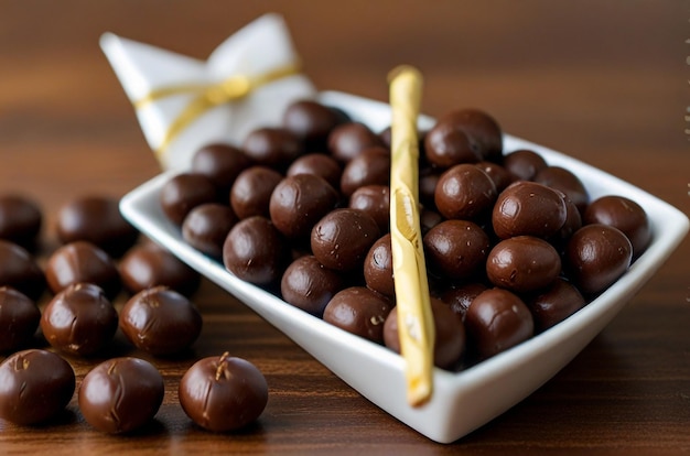 a bowl of chocolate balls with a bow on it