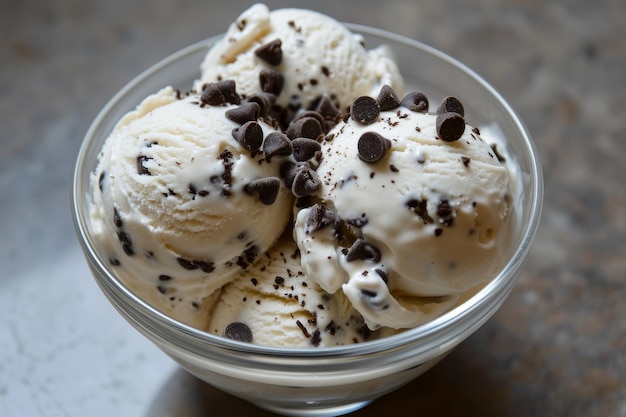 Bowl of chocolate chip ice cream on a table