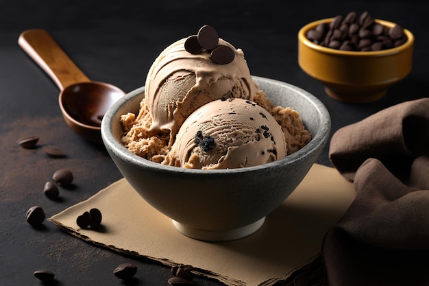 A bowl of chocolate chip ice cream with chocolate chips on top.