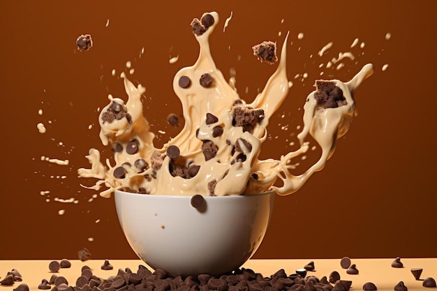 a bowl of chocolate chips and chocolate chips with milk and chocolate chips.