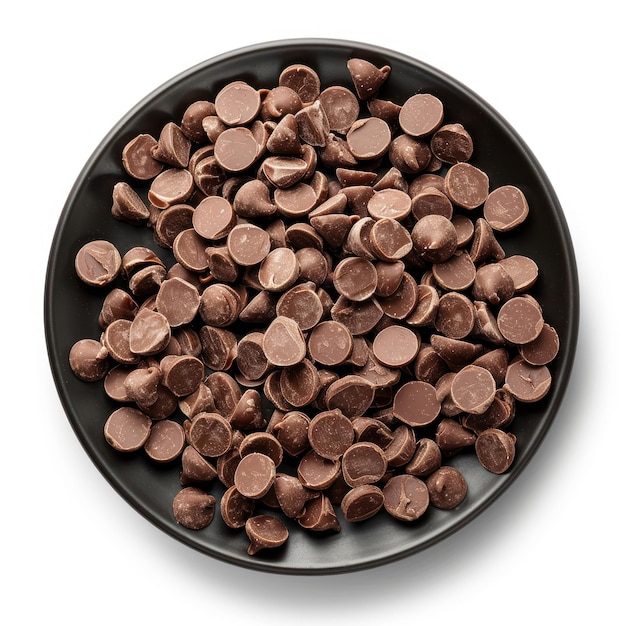 a bowl of chocolate chips with a white background