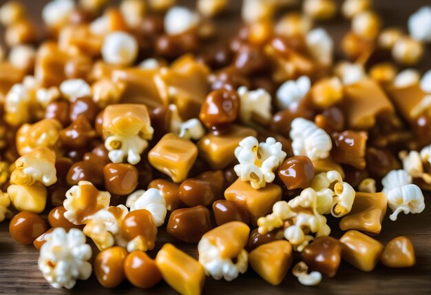 A bowl of chocolate covered popcorn on a wooden table with natural light shining on it