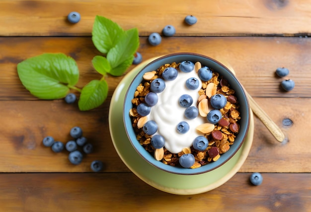 Photo a bowl of chocolate granola topped with white plain yogurt and fresh blueberries a wooden table