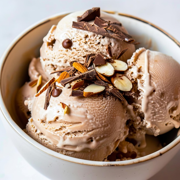 A bowl of chocolate ice cream with almonds