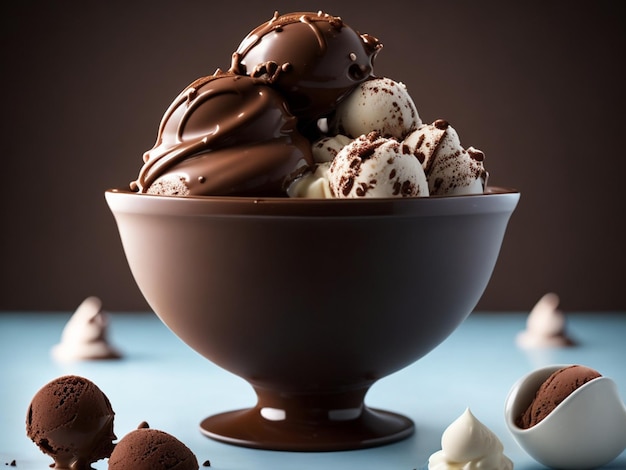 A bowl of chocolate ice cream with a bowl of chocolate ice cream on top.