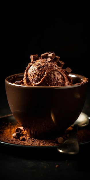 A bowl of chocolate ice cream with chocolate chips on top.