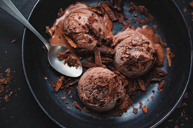 Photo a bowl of chocolate ice cream with chocolate ice cream on it