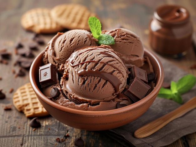 Bowl of Chocolate Ice Cream with Cookies