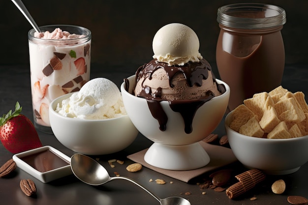 Bowl of chocolate ice cream with hot chocolate sauce dripping