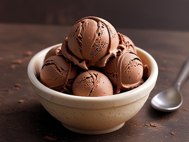 a bowl of chocolate ice cream with a spoon on it