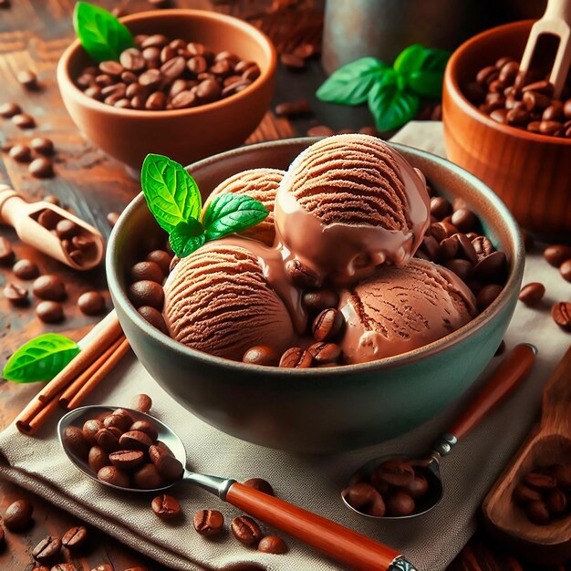 Photo a bowl of chocolate ice cream with a spoon and some coffee beans