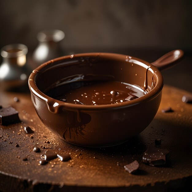 a bowl of chocolate milk is on a table with a spoon in it